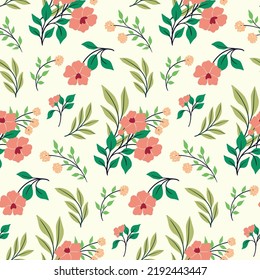 Seamless floral pattern with folk motifs. Cute ditsy print, romantic botanical background design with hand drawn wild plants, pink flowers on branch, various leaves, herbs on white surface. Vector.