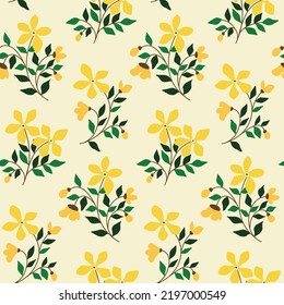 
Nahtlose Blumenmuster mit Volksmotiven. Botanischer Vintage-Stil mit kleinen gelben Blumen, Blätter auf Ästen, wilde dekorative Pflanzen auf hellem Hintergrund. Vektorgrafik.