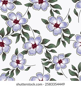 Seamless floral pattern with folk motifs. Cute ditsy print, romantic botanical background design with hand drawn wild plants, pink flowers on branch