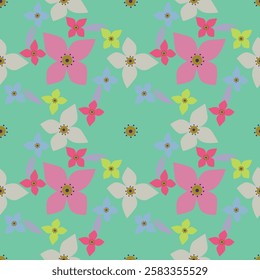 Seamless floral pattern with folk motifs. Cute ditsy print, romantic botanical background design with hand drawn wild plants, pink flowers on branch