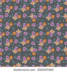 Seamless floral pattern with folk motifs. Cute ditsy print, romantic botanical background design with hand drawn wild plants, pink flowers on branch