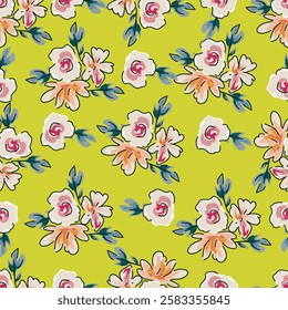 Seamless floral pattern with folk motifs. Cute ditsy print, romantic botanical background design with hand drawn wild plants, pink flowers on branch