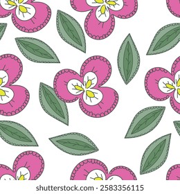 Seamless floral pattern with folk motifs. Cute ditsy print, romantic botanical background design with hand drawn wild plants, pink flowers on branch