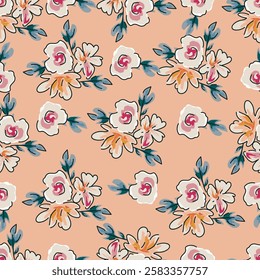 Seamless floral pattern with folk motifs. Cute ditsy print, romantic botanical background design with hand drawn wild plants, pink flowers on branch