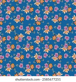 Seamless floral pattern with folk motifs. Cute ditsy print, romantic botanical background design with hand drawn wild plants, pink flowers on branch