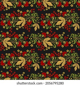 Seamless floral pattern in folk painting style, flowers, leaves and berries on dark background