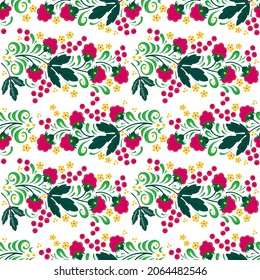 Seamless floral pattern in folk painting style, flowers, leaves and berries on light background