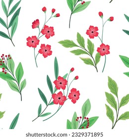 Seamless floral pattern, folk print, ornament with wild plants. Beautiful botanical design: hand drawn wildflowers, small red flowers, green leaves, branch on white background. Vector illustration. 