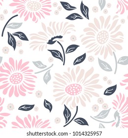 Seamless floral pattern in folk style with wildflowers, leaves. Hand drawn. Vector illustration