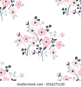 Seamless floral pattern in folk style with wildflowers, leaves. Hand drawn. Vector illustration