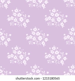 Seamless floral pattern in folk style with wildflowers, leaves. Hand drawn.  Beautiful violet floral retro background. Vector illustration