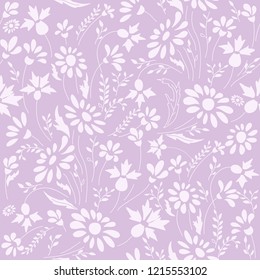Seamless floral pattern in folk style with wildflowers, leaves. Hand drawn.  Beautiful violet floral retro background. Vector illustration