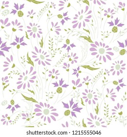 Seamless floral pattern in folk style with wildflowers, leaves. Hand drawn. Beautiful violet floral retro background. Vector illustration.