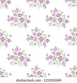 Seamless floral pattern in folk style with wildflowers, leaves. Hand drawn. Beautiful violet floral retro background. Vector illustration.