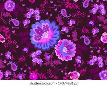 Seamless floral pattern in folk style. Bunch of garden flowers, leaves and paisley jn dark purple background.