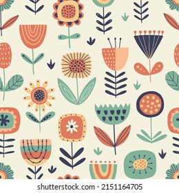 Seamless floral pattern in folk style. Hand-drawn vector background with stylized flowers. For textiles, clothing, bed linen, office supplies.