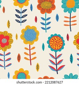 Seamless floral pattern in folk style. Hand-drawn vector background with stylized flowers in scandinavian style.. For textiles, clothing, bed linen, office supplies.