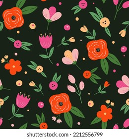 Seamless floral pattern in folk style. Hand-drawn vector background with bright flowers on dark background. For textiles, clothing, bed linen, office supplies.