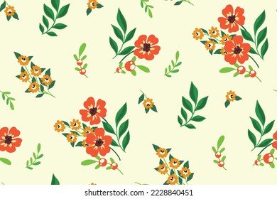 Patrón floral sin foco en estilo folclórico. Impresión cutánea, diseño de flores sencillo con plantas silvestres dibujadas a mano: pequeños racimos de flores, hojas sobre un fondo blanco. Ilustración botánica vectorial.