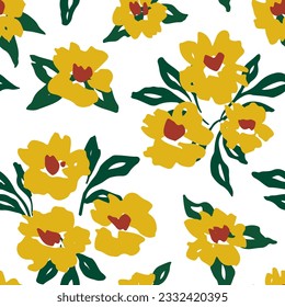Seamless floral pattern, folk style ditsy print with drawing of small flowers. Simple botanical design, ornament, tile: hand drawn yellow flowers, leaves on white background. Vector illustration.