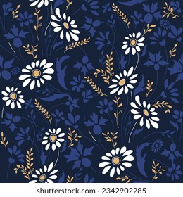 Seamless floral pattern in folk style with wildflowers, leaves. Hand drawn. Vector illustration