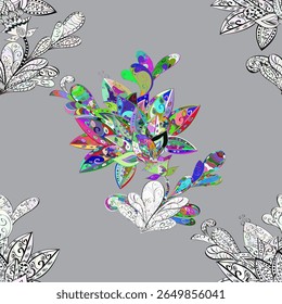 Seamless floral pattern in folk style with flowers, leaves. Hand drawn. vector illustration. Vector. Seamless frame. Doodles. Gray background.