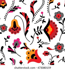 Seamless floral pattern in folk style on white background. Hand drawn autumn background can be used for wallpapers, pattern fills, surface textures. Vector illustration.