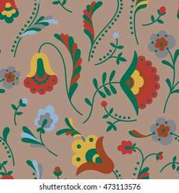 Seamless floral pattern in folk style. Hand drawn autumn background can be used for wallpapers, pattern fills, surface textures. Vector illustration.