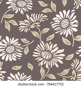 Seamless floral pattern in folk style with wildflowers, leaves. Hand drawn. Vector illustration