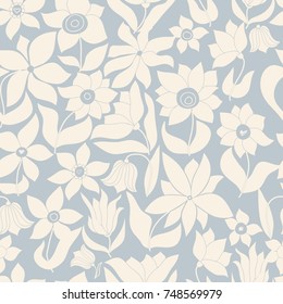 Seamless floral pattern in folk style with wildflowers, leaves. Hand drawn. Vector illustration