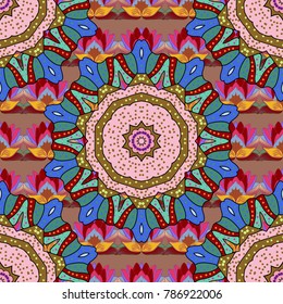 Seamless floral pattern in folk style with flowers, leaves. Hand drawn. Vector illustration.