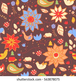 Seamless floral pattern of forest elements. Boho, ethnic, doodle style. Birds, hedgehogs, flowers and trees. Beautiful dark background.