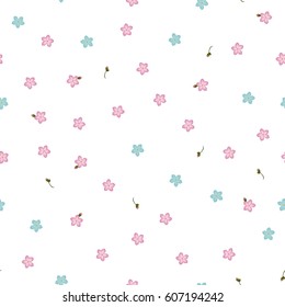 Seamless floral pattern forget-me-not blue and pink flowers. Myosotis gentle flower pattern on white background, vector eps10