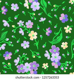 Seamless floral pattern, forget-me-not, green background, vector graphics