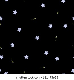 Seamless floral pattern forget-me-not violet flowers. Myosotis gentle flower pattern on black background, vector, eps 10