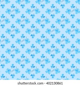 Seamless floral pattern of four blue clovers on turquoise background.