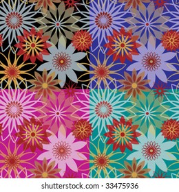 Seamless floral pattern in four colorways. AI8-compatible transparency effect. Tiles repeat 6 inches.