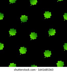 Seamless floral pattern. Four leaves green gradient Clovers on black background. Symbol of good luck, success, money, St. Patrick's Day. Vector illustration for traditional Irish holiday, wallpaper