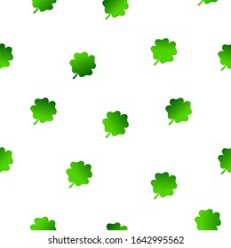 Seamless floral pattern. Four leaves green gradient Clovers on white background. Symbol of good luck, success, money, St. Patrick's Day. Vector illustration for traditional Irish holiday, wallpaper