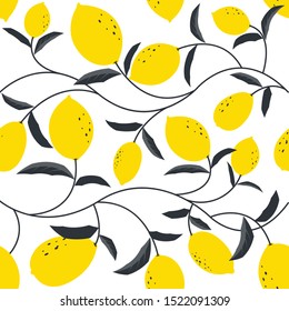Seamless Floral Pattern. Fresh Lemon Fruits Background. Flowers, Leaves, Lemons interior decor. Vector illustration.