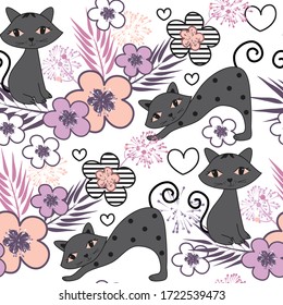 seamless floral pattern with funny cats vector illustration