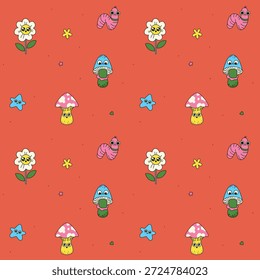 Patrón floral inconsútil, impresión divertida de las plantas de la historieta en motivo groovy retro. Lindo diseño botánico de flores de margarita sonrientes, hongos, oruga aislada sobre fondo rojo. Ilustración vectorial