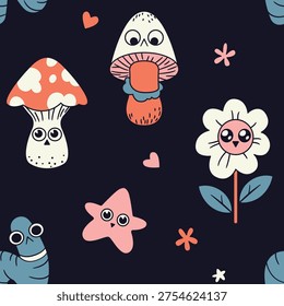 Seamless floral pattern, funny retro print of cartoon plants in groovy motif. Cute print design of line art daisy flowers, happy comic mushrooms on dark blue background. Vector illustration.