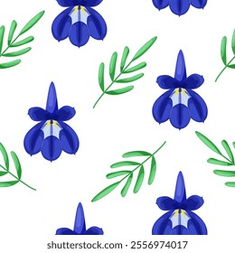 Seamless floral pattern. Garden blue lobelia flowers and green leaves on the white background. Botany pattern.