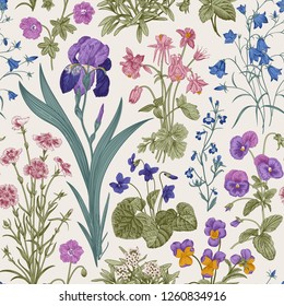 Seamless floral pattern. Garden by day. Vector vintage botanical illustration. 