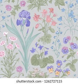 Seamless floral pattern. Garden flowers. Vector vintage botanical illustration. Pastel color