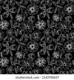 Seamless floral pattern with garden flowers in doodle technique on a black background vector illustration 