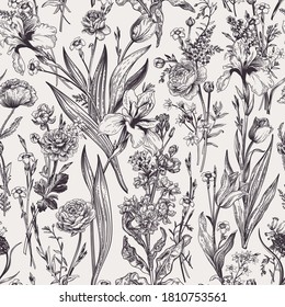 Seamless floral pattern with garden and meadow flowers. Black and white.