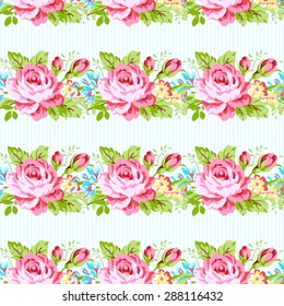 Seamless floral pattern with garden pink roses and forget-me