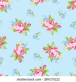 Seamless floral pattern with garden pink roses and forget-me